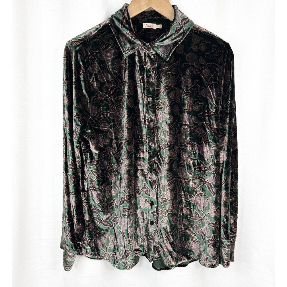 Faherty Genevieve Silk Velvet Button Up Medium Pine Blossom Floral Green EUC